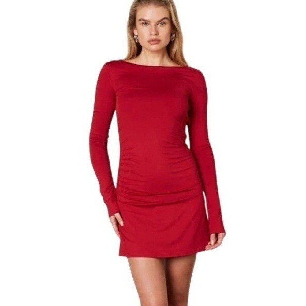 Cotton Candy LA | Red Open Back Tie Ruched Long Sleeve Mini Dress | Medium